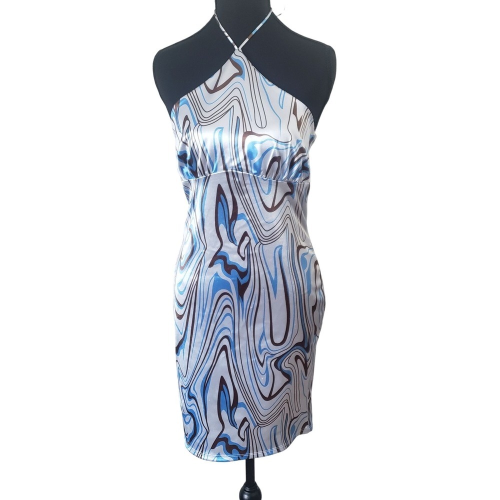 Haley & June Halter Dress Women Large Blue Psychedelic Y2K Satin Mini Party Glam